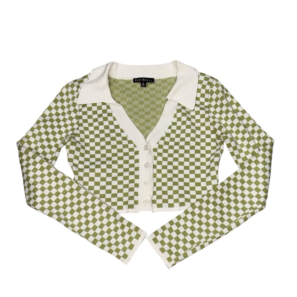 146. Blue Blush Women’s Green and White Checker Grunge Knit Y2K Cropped Cardigan